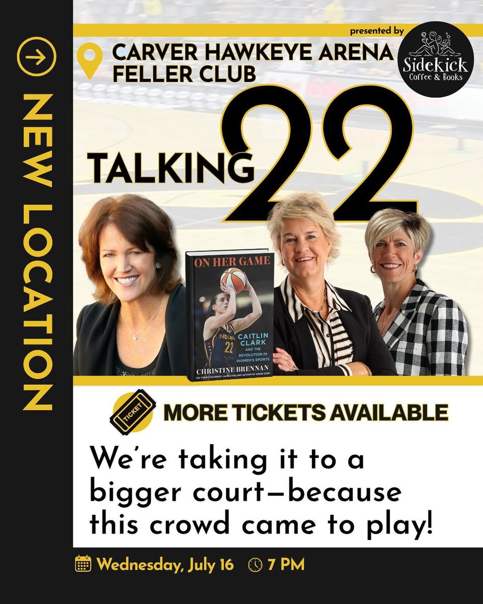 iowacitysports's tweet photo. 🚨Update: On Her Game event is now at Carver-Hawkeye Arena, Feller Club Room, due to high demand!

Join Sidekick Coffee & Books on Wednesday, July 16 at 7:00 PM for a powerful night with Christine Brennan, Jan Jensen, and Lisa Bluder as they celebrate the release of On Her Game: Caitlin Clark and the Revolution of Women’s Sports.

🎟 Tickets are limited — grab yours before they’re gone: https://t.co/iE6OnNEfTY
