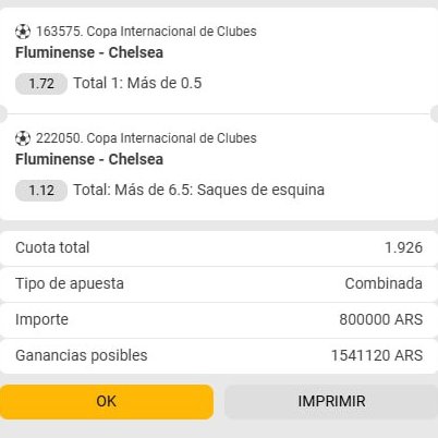 🔥 ¡Se vienen las instancias finales del #MundialDeClubes.!  Hoy partidazo entre #Fluminense vs #Chelsea 🌍⚽️

Vamos con el pronostico de nuestro Capitán:
👉 Gol de Fluminense ✅
👉 7 o más córners en el partido 🚩
💸 Cuota 1.92 🔥

Melbet nos ofrece la mejor cuotas para este