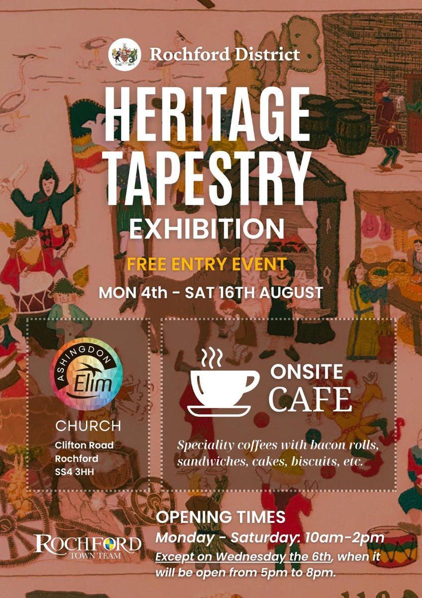Ian Yearsley (@ian_yearsley) on Twitter photo The Rochford District Heritage Tapestry is on display next month at the Elim Church in Ashingdon. It is well worth a look if you haven't yet seen it.
Mon 4th Aug to Sat 16th Aug at Ashingdon Elim Church, Clifton Road SS4 3HH.
rochfordtown.com/heritage-tapes…
<a href="/rochford_town/">Rochford Town Team</a> The Rochford District Heritage Tapestry is on display next month at the Elim Church in Ashingdon. It is well worth a look if you haven't yet seen it.
Mon 4th Aug to Sat 16th Aug at Ashingdon Elim Church, Clifton Road SS4 3HH.
rochfordtown.com/heritage-tapes…
<a href="/rochford_town/">Rochford Town Team</a>