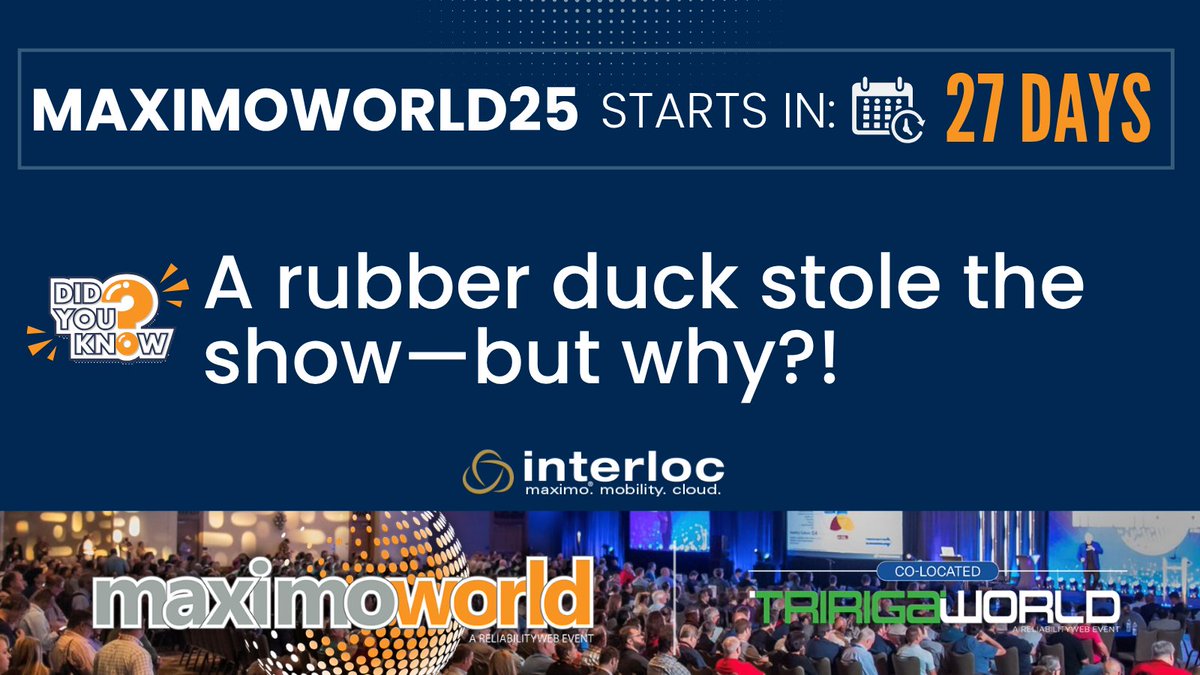 interloc_maximo's tweet image. 🦆 A rubber duck once became MaximoWorld’s unofficial mascot—showing up in photos, slides, and even on stage. 
No one knows how it started, but it quacked its way into Maximo legend.
📅 Book your 1:1 at @MaximoWorld ➔ BD@interlocsolutions.com

#MaximoWorld #TechTrivia #IBMMaximo…