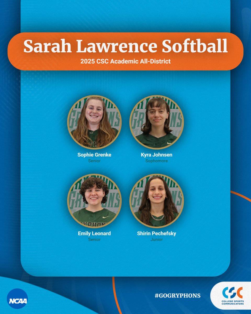 Sarah Lawrence College Athletics (@slcgryphons) on Twitter photo ππ₯ CSC Awards π₯π
Congrats to our four <a href="/SLCGryphonsSB/">Sarah Lawrence Softball</a> College Sports Communicators Academic All-District Honorees. Sophie, Kyra, Emily & Shirin were recognized for their hard work both in the classroom and on the field this past season.
#StrengthAndIntelligence
#GoGryphons ππ₯ CSC Awards π₯π
Congrats to our four <a href="/SLCGryphonsSB/">Sarah Lawrence Softball</a> College Sports Communicators Academic All-District Honorees. Sophie, Kyra, Emily & Shirin were recognized for their hard work both in the classroom and on the field this past season.
#StrengthAndIntelligence
#GoGryphons