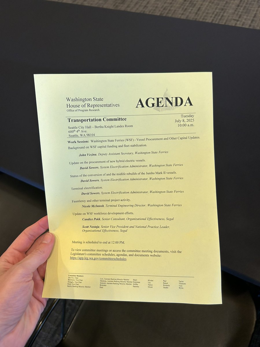 In Seattle for a House Transportation Committee meeting on ferries… eager for briefings from WSF leadership on procurement, maintenance, and staffing.