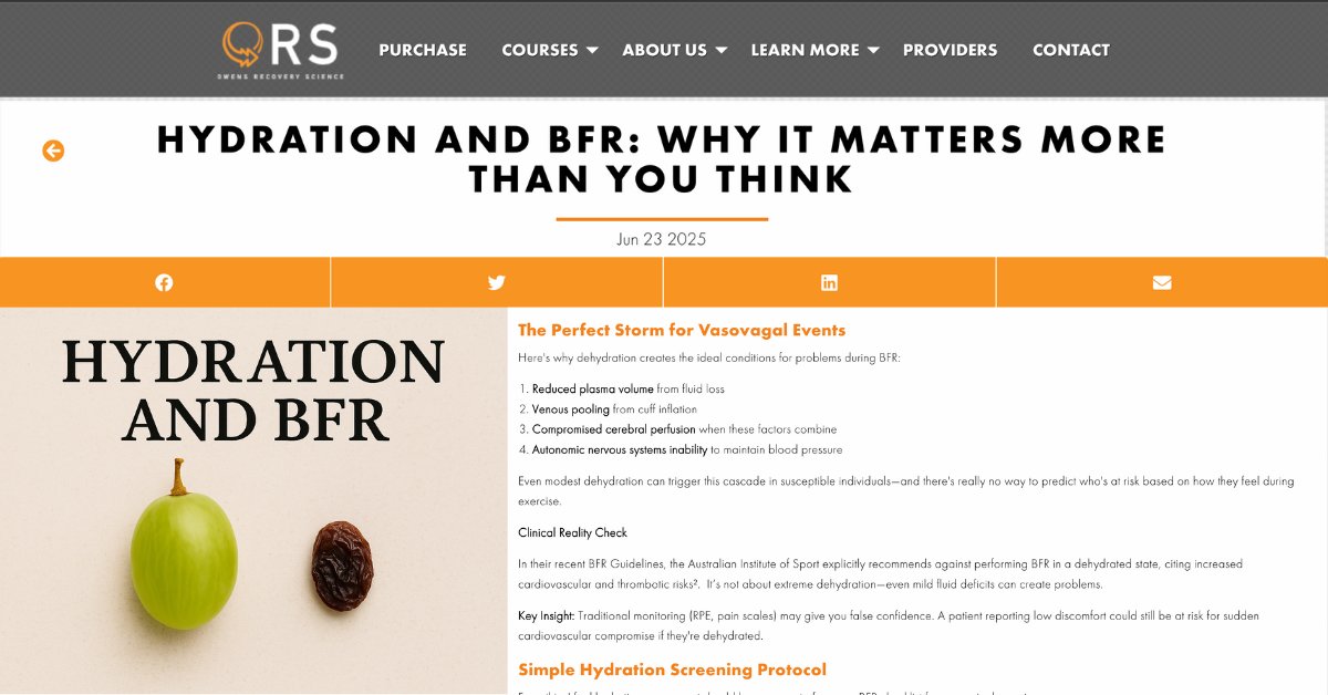 Is hydration part of your pre-BFR checklist? It should be! New research confirms what we've seen firsthand: mild dehydration can significantly impact BFR tolerance and traditional monitoring of pain or RPE is insufficient to help identify risk. Get our simple hydration screening