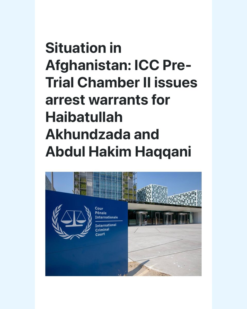 c4hra's tweet image. ⚖️ We welcome today’s announcement that the Pre-Trial Chamber has issued, in the context of the Situation of #Afghanistan, warrants of arrest for Mr. Haibatullah Akhundzada and Mr. Abdul Hakim Haqqani.
🔗 icc-cpi.int/news/situation…