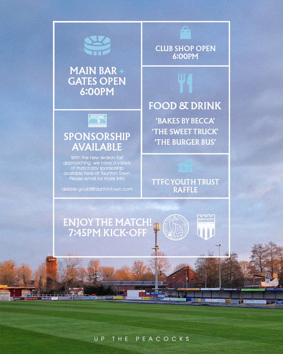 Taunton Town FC (@tauntontownfc) on Twitter photo ππππ‘ ππ’ππ² πππππ‘πππ² ππ§ππ¨π«π¦πππ’π¨π§ βΉοΈ
Planning on joining us tonight at the Cygnet Health Care Stadium? Here's everything you need to know in advance:
π» Main Bar & Gates β Peacocks fans can gain entry to the ground from 6:00pm onwards and enjoy ππππ‘ ππ’ππ² πππππ‘πππ² ππ§ππ¨π«π¦πππ’π¨π§ βΉοΈ
Planning on joining us tonight at the Cygnet Health Care Stadium? Here's everything you need to know in advance:
π» Main Bar & Gates β Peacocks fans can gain entry to the ground from 6:00pm onwards and enjoy