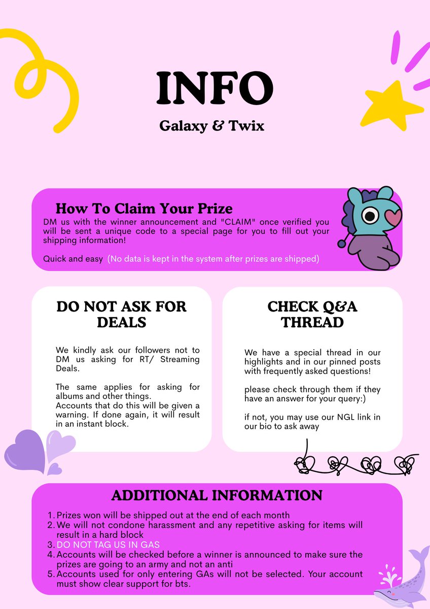 BuntanBuni's tweet image. 💜💜✨️NEW INFO SHEET!!!✨️💜💜
We urge everyone to give this a thorough read! We've been noticing a lot of repetitive behaviours that we have spoken against, but on the bright side, we have created a new shipping system for our winners 🥰💜