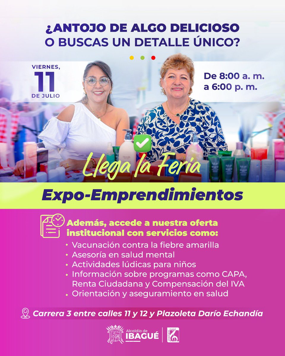 🎉 ¡Sabores, talento y bienestar en un solo lugar! Este viernes, la Cra. 3 se llena de color con la Feria Expo-Emprendimientos.
Disfruta de productos locales, servicios gratuitos y mucho más para toda la familia.