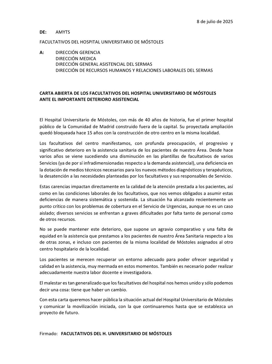 colorectaI2001's tweet image. CARTA ABIERTA DE LOS FACULTATIVOS DEL HOSPITAL UNIVERSITARIO DE MÓSTOLES
ANTE EL IMPORTANTE DETERIORO ASISTENCIAL DEL CENTRO

Carta firmada por 191 facultativos del centro hospitalario manifestando el progresivo deterioro en la asistencia sanitaria de los pacientes, la…