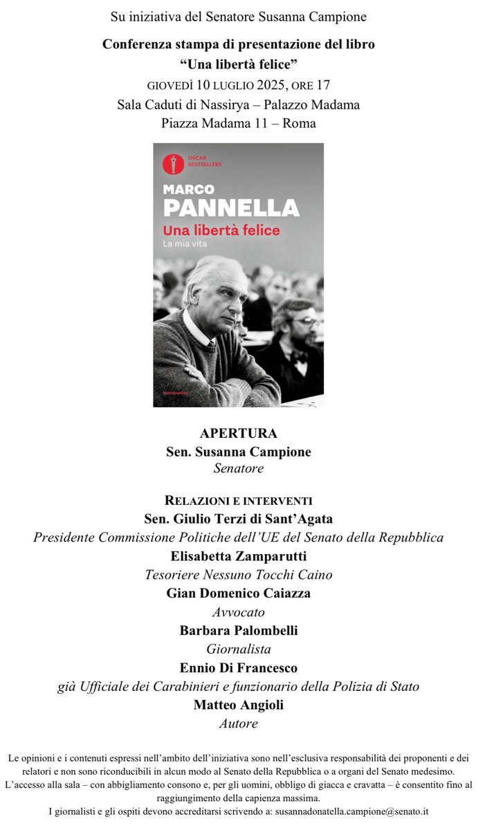 Matteo Angioli (@matteo_angioli) on Twitter photo Giovedì 10 luglio alle 17 in #Senato presentiamo il libro di <a href="/MarcoPannella/">Marco Pannella</a> #UnaLibertàFelice con @susannacampione, <a href="/GiulioTerzi/">Giulio Terzi</a>, <a href="/elizamparutti/">ElisabettaZamparutti</a>, <a href="/gdcaiazza/">Gian Domenico Caiazza</a>, Barbara Palombelli, Ennio Di Francesco.
Per partecipare: ✍️ nome e cognome a matteo.angioli@senato.it Giovedì 10 luglio alle 17 in #Senato presentiamo il libro di <a href="/MarcoPannella/">Marco Pannella</a> #UnaLibertàFelice con @susannacampione, <a href="/GiulioTerzi/">Giulio Terzi</a>, <a href="/elizamparutti/">ElisabettaZamparutti</a>, <a href="/gdcaiazza/">Gian Domenico Caiazza</a>, Barbara Palombelli, Ennio Di Francesco.
Per partecipare: ✍️ nome e cognome a matteo.angioli@senato.it