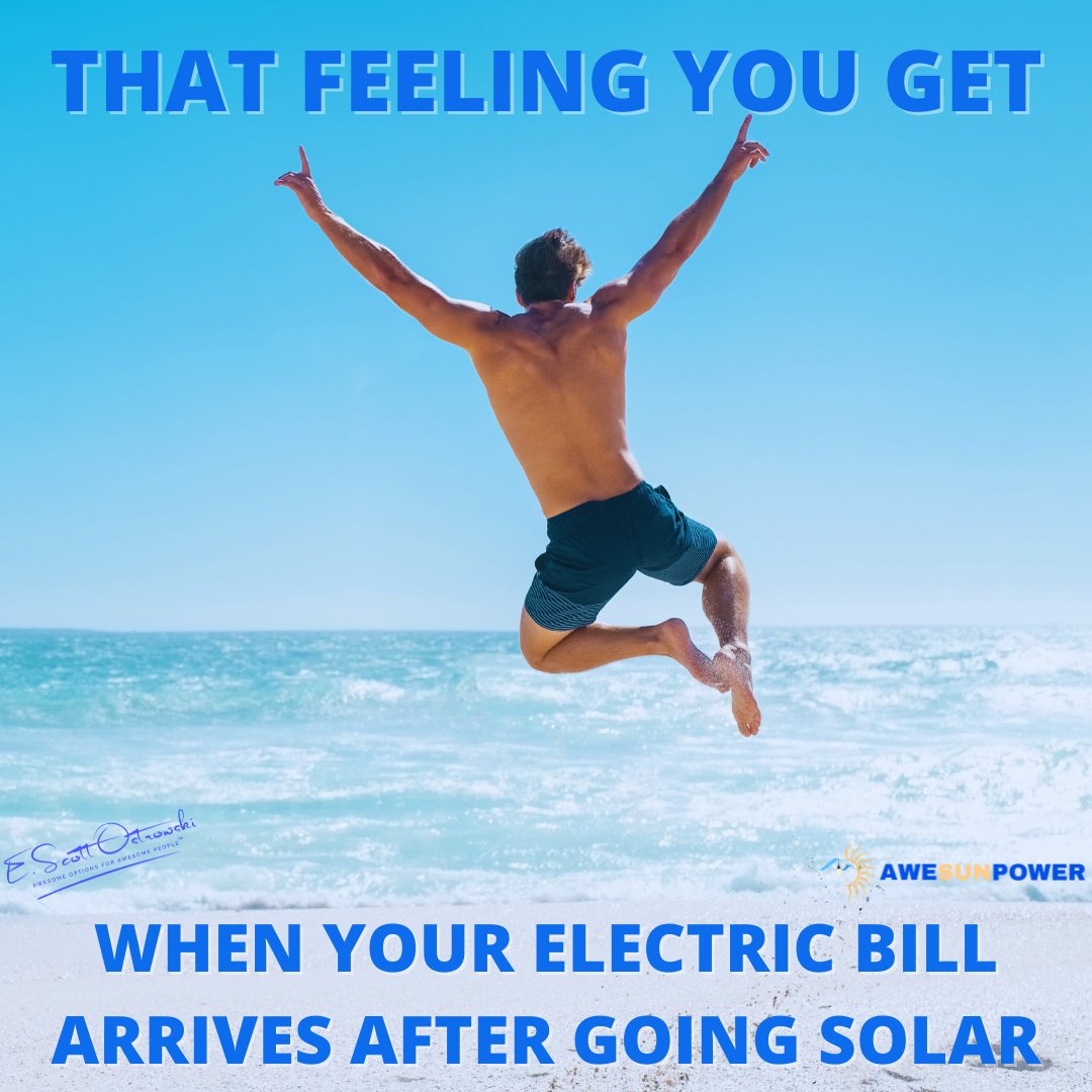 EScottOstrowski's tweet photo. Yeah, that Feeling! 😀 If You Want to Feel Like This, Head Over to https://t.co/sUyRVcS0JU Today! 🏡🌞 #thatfeeling #happy #happyvibes #jumpforjoy #beach #savemoney #electricbill #gosolar #sun #sunshine #solar #solarpower #solarenergy #sunpower #gosolar #gogreen #renewableenergy https://t.co/Ycb25zJSu5