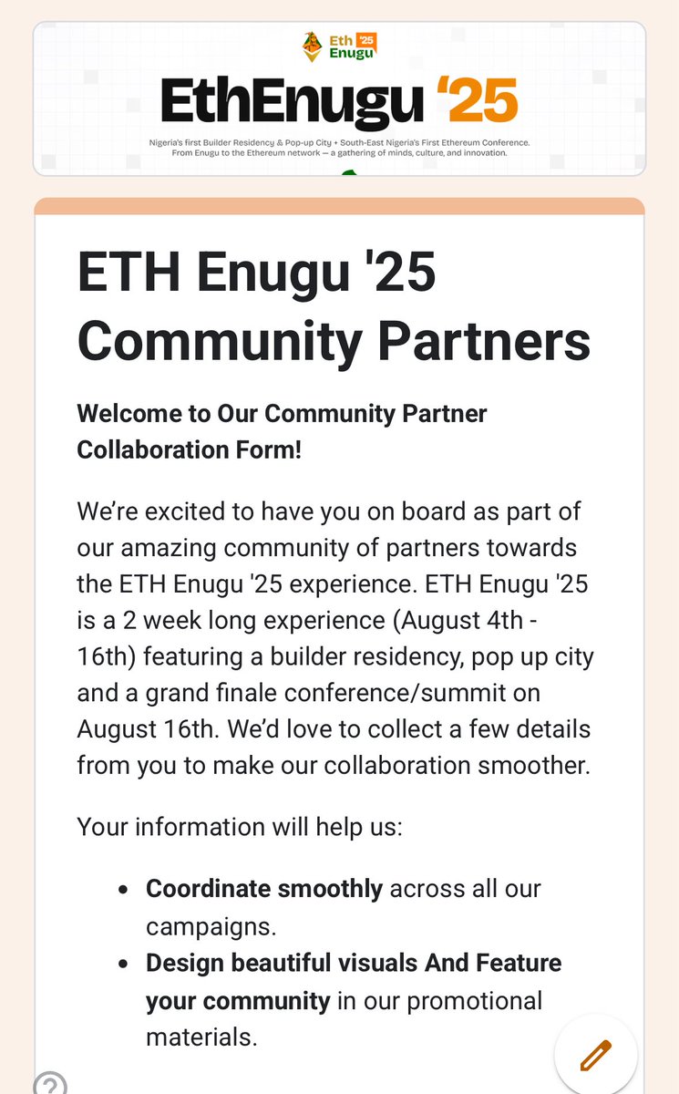 Eth Enugu || 042 Onchain (@eth_enugu) on Twitter photo At <a href="/Eth_Enugu/">Eth Enugu || 042 & SE Onchain</a>, we believe innovation isn’t siloed but shared 💚⛏️
Calling on communities & brands who aligns to join us as Ecosystem & media partners.
20+ already filled. Join us let’s co-create this experience.
Announcing all soon!
Fill this to join: bit.ly/ethenugu At <a href="/Eth_Enugu/">Eth Enugu || 042 & SE Onchain</a>, we believe innovation isn’t siloed but shared 💚⛏️
Calling on communities & brands who aligns to join us as Ecosystem & media partners.
20+ already filled. Join us let’s co-create this experience.
Announcing all soon!
Fill this to join: bit.ly/ethenugu