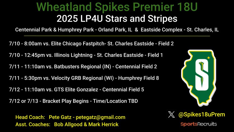 Wheatland Spikes Premier 18u (@spikes18uprem) on Twitter photo Our games are much closer to home this week. Looking forward to the competition at LP4U Stars & Stripes. <a href="/WheatlandSpikes/">Wheatland Spikes Softball</a> Our games are much closer to home this week. Looking forward to the competition at LP4U Stars & Stripes. <a href="/WheatlandSpikes/">Wheatland Spikes Softball</a>