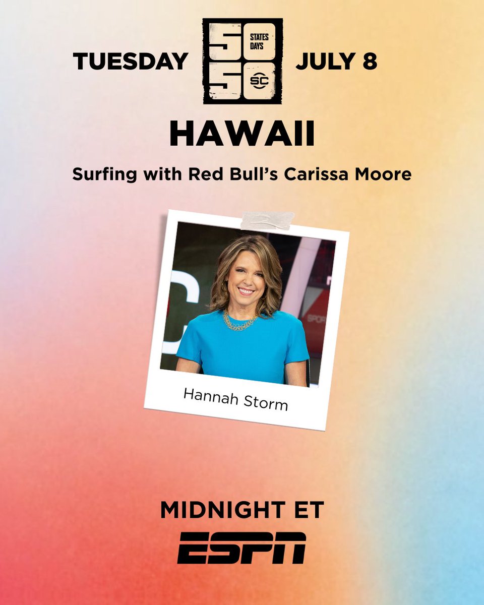 ESPN PR (@espnpr) on Twitter photo Late Tuesday night, #SC50in50 highlights Hawaii with an interview with one of the most decorated female surfers in history
5x <a href="/wsl/">World Surf League</a> Champ, 2x Olympian & Hall of Famer Carissa Moore sits down with <a href="/HannahStormESPN/">Hannah Storm</a>
🏄♀️ Midnight ET | ESPN Late Tuesday night, #SC50in50 highlights Hawaii with an interview with one of the most decorated female surfers in history
5x <a href="/wsl/">World Surf League</a> Champ, 2x Olympian & Hall of Famer Carissa Moore sits down with <a href="/HannahStormESPN/">Hannah Storm</a>
🏄♀️ Midnight ET | ESPN