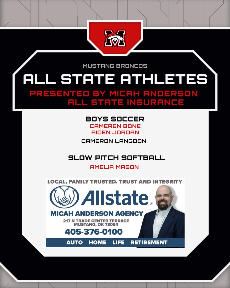 MHS Bronco Sports (@mhsbroncosports) on Twitter photo Congratulations to our 2024-2025 Mustang Bronco Softball and Boys Soccer All State Athletes!
#GoBroncos #Horsepower
<a href="/MustangSchools/">Mustang Public Schools</a> <a href="/MHS_Broncos/">MHSBroncos</a> Congratulations to our 2024-2025 Mustang Bronco Softball and Boys Soccer All State Athletes!
#GoBroncos #Horsepower
<a href="/MustangSchools/">Mustang Public Schools</a> <a href="/MHS_Broncos/">MHSBroncos</a>
