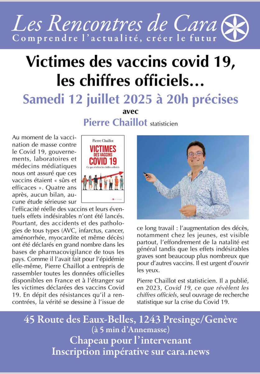 Chers amis Suisses et frontaliers, je vous retrouve :
- le 10 juillet à 19h à Lausanne :  mortalité en période de psychose covidienne (nous reparlerons du Rivotril)
- le 12 juillet à 20h à Presinge (à côté de Genève) :  victimes des vaccins Covid.
Pensez à vous inscrire 👇