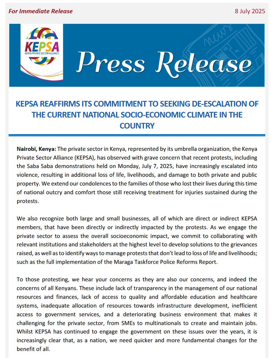 KEPSA REAFFIRMS ITS COMMITMENT TO SEEKING DE-ESCALATION OF THE CURRENT NATIONAL SOCIO-ECONOMIC CLIMATE IN THE COUNTRY

Read the full statement 👉admin.kepsa.or.ke/public/files/d…