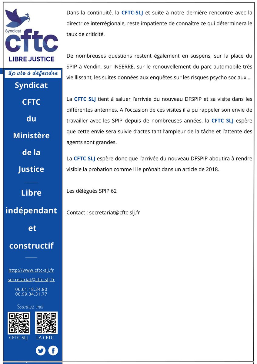 CFTCSLJ's tweet image. Déclaration Liminaire CSA SPIP 62 cftc-slj.fr/2025/07/08/dec…