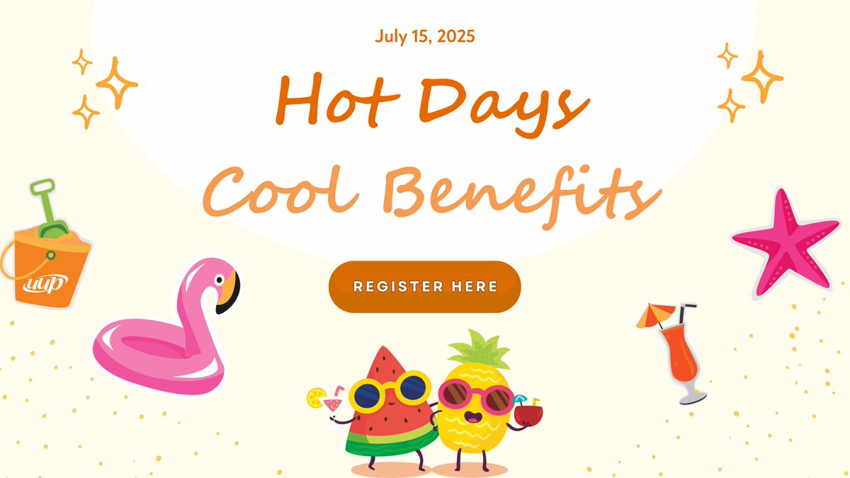 Join UUP for “Hot Days, Cool Benefits!”

Join the UUP Negotiated Benefits Webinar on Tuesday, July 15 at 12:00pm to learn about UUP’s extensive benefits package and other discounted services.

Register here: forms.gle/xLpjL719wQjTea…