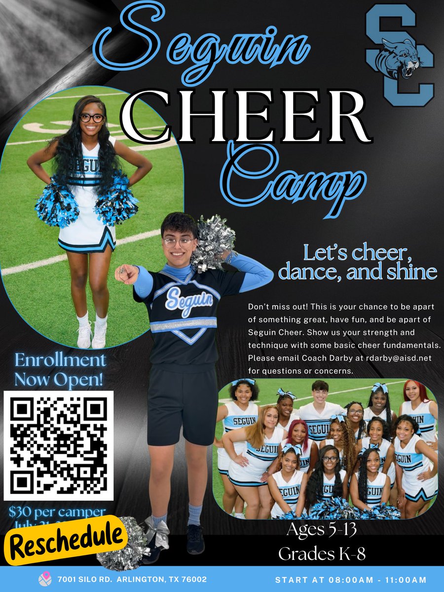 🚨‼️Seguin Cheer Camp has been rescheduled to July 30th &amp; July 31st!  This event will still take place at Seguin HS, located in Gym A of the Athletic Hall! The time has not changed, it will still be held from 8-11a.m! See you all soon!