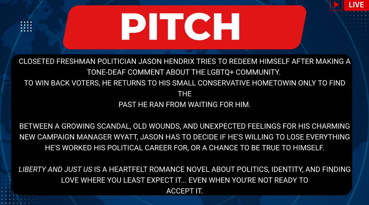 ForNersia's tweet image. OKAY! Now introducing the new #agentsguide for my new LGBTQIA Romance Novel, Liberty and Just Us.
Politics dragged him back home. Falling for his campaign manager might be what finally sets him free.❤️🏳️🌈📸
(Thanks again to @pittelsbookclub for the great graphics) #amquerying