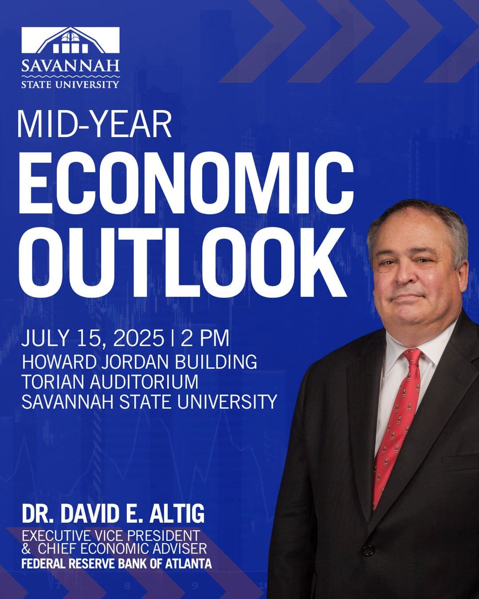We’re 1 week out from SSU’s 1st Annual Mid-Year Economic Outlook—featuring Dr. David E. Altig, EVP &amp; Chief Economic Adviser, Federal Reserve Bank of Atlanta.

Free + open to the public with RSVP.

🔗 savannahstate.edu/events/savanna…

#EconomicOutlook #SSUBusiness #HBCUExcellence