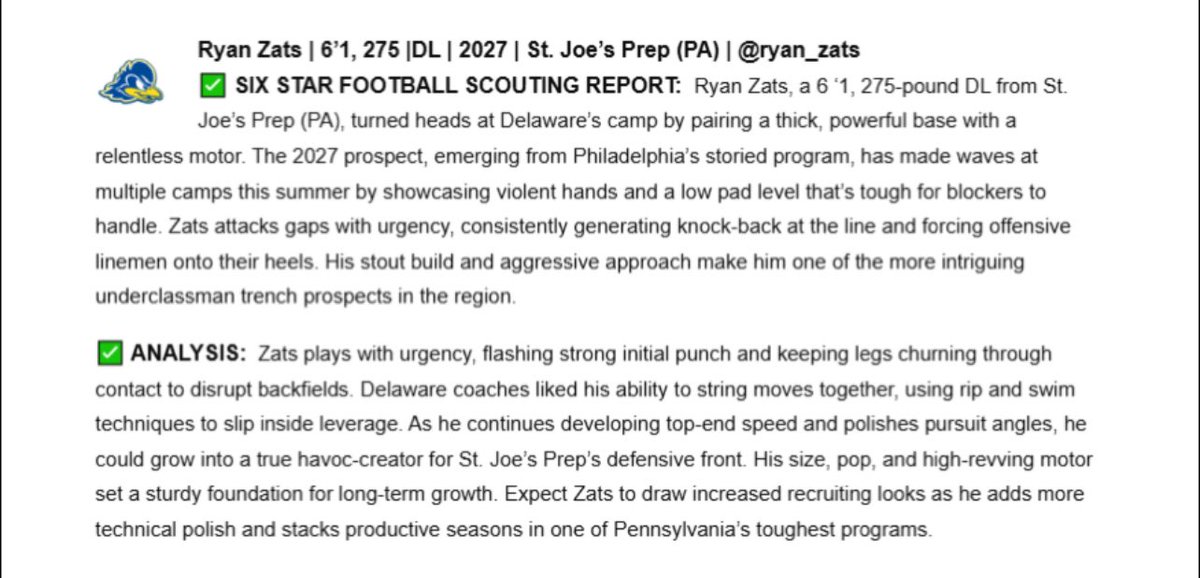 Big thanks to <a href="/sixstarfootball/">Six Star Football | PLUS+</a> for the write-up from <a href="/Delaware_FB/">Delaware Football</a> camp!

<a href="/ryancarty10/">Ryan Carty</a> <a href="/CoachHawk_k9/">Kyre Hawkins</a> <a href="/CoachGoldrich/">Sean Goldrich</a> <a href="/Rivals/">Rivals</a> <a href="/On3sports/">On3</a> <a href="/247Sports/">247Sports</a>