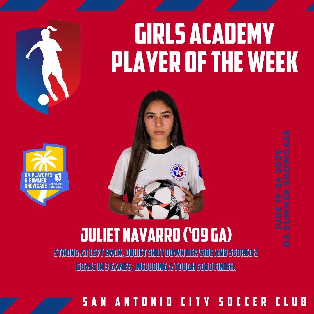 San Antonio City Soccer Club (@sacitysc) on Twitter photo ๐ข #TOTW โ๏ธ Check out the GA Team of the Week for the <a href="/GAcademyLeague/">Girls Academy</a> 2025 Summer Showcase!
#Protect210 #SACityProud ๐ข #TOTW โ๏ธ Check out the GA Team of the Week for the <a href="/GAcademyLeague/">Girls Academy</a> 2025 Summer Showcase!
#Protect210 #SACityProud