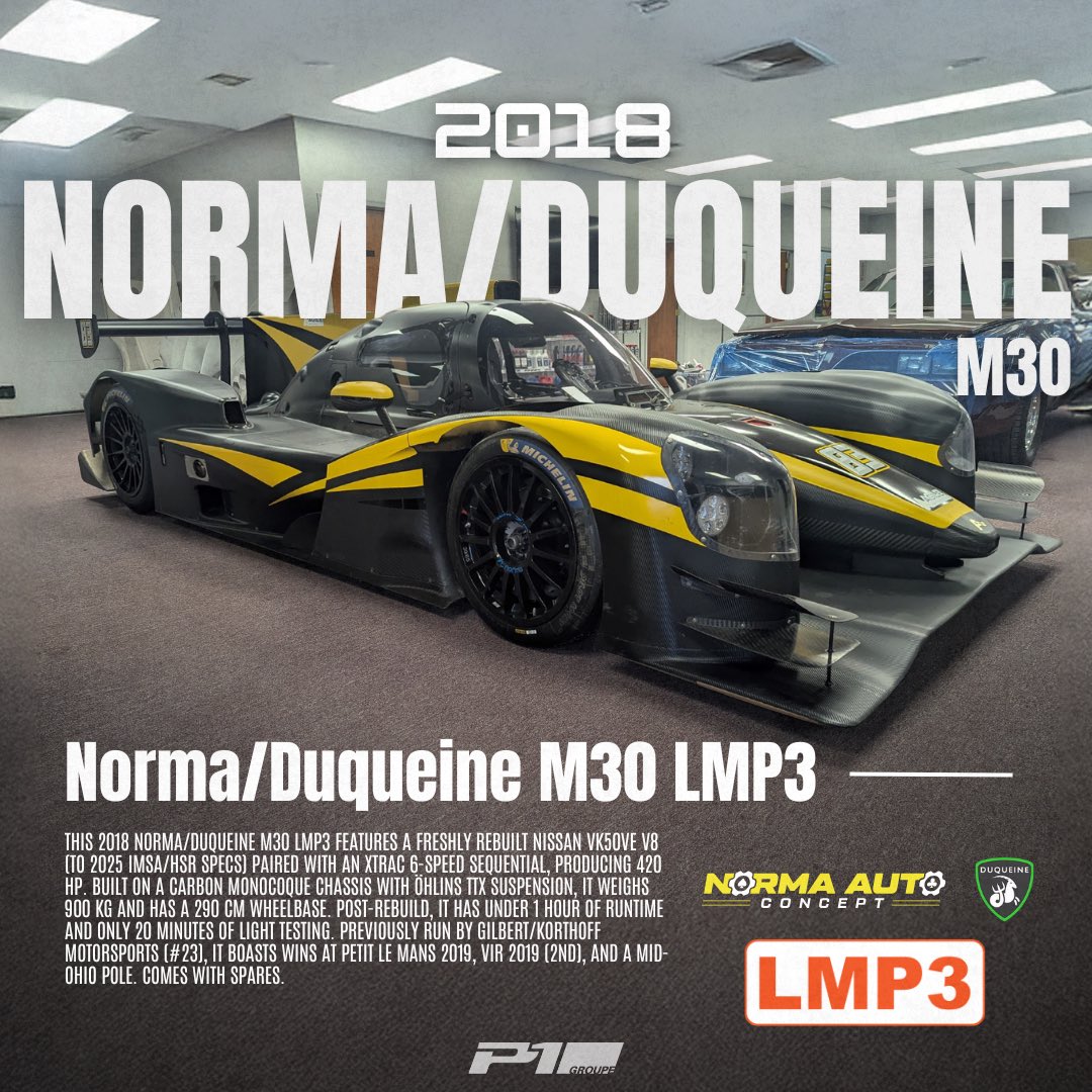 P1Groupe's tweet image. FS: 18’ Norma M30 LMP3 
📍 Maryland | 💰 $169,900 | Turn-Key

Engine | Fully Rebuilt 25’ Spec
Gearbox | Fully Rebuilt 21’ | Light use 
🕒 &amp;lt;1 hr runtime post-rebuild
+ Spares

🏆Race Win, Podiums, &amp;amp; Poles

📲 P1Groupe.com 

#LMP3 #RaceCarForSale #Motorsport #carsforsale