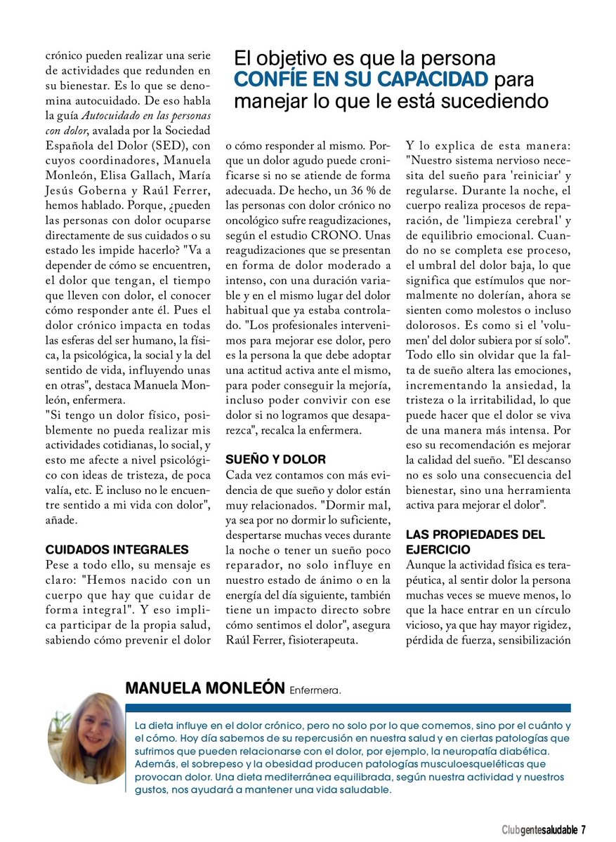 manuelamonleon's tweet image. En el último n° de la revista #GenteSaludable de @SaberVivir_Tv @SaberVivirTVE hablamos del autocuidado analgesico: @EliGallach @_RaulFerrer @MGOBERNA 📈Cada día mayor evidencia de la influencia de estas actividades en la modulación del dolor crónico