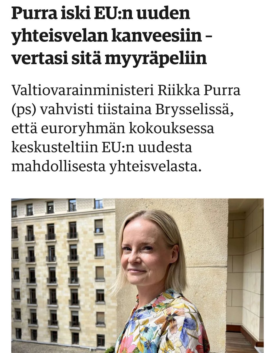 ”Purra vakuutti, että Suomi ei hyväksy uutta yhteisvelkaa. Se linjataan hänen mukaansa myös hallitusohjelmassa.”

”Elpymisväline oli poikkeuksellinen ja kertaluonteinen ratkaisu. Suomi ei hyväksy vastaavan järjestelyn toistamista tai muuttamista pysyväisluonteiseksi.”