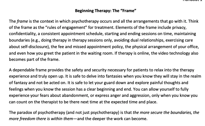 Jonathan Shedler (@jonathanshedler) on Twitter photo The therapy “frame” is the foundation for ALL work we do in psychotherapy
It’s the most important thing trainees need to know before they start seeing clients. But some programs don’t even teach it
Here’s my intro to the therapy frame in a 2-page handout
jonathanshedler.com/wp-content/upl… The therapy “frame” is the foundation for ALL work we do in psychotherapy
It’s the most important thing trainees need to know before they start seeing clients. But some programs don’t even teach it
Here’s my intro to the therapy frame in a 2-page handout
jonathanshedler.com/wp-content/upl…