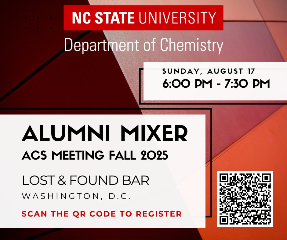 NC State Chemistry (@ncstatechem) on Twitter photo Join us for our mixer in Washington, DC, on Aug. 17. All members, friends, and <a href="/NCState/">NC State University</a> alumni are invited for drinks and snacks in a relaxed atmosphere. Register by Aug. 11.
docs.google.com/forms/d/e/1FAI…
<a href="/NCStateSciences/">NC State Sciences</a> <a href="/AmerChemSociety/">American Chemical Society</a> <a href="/NCStateAlumni/">NC State Alumni</a> #chempack Join us for our mixer in Washington, DC, on Aug. 17. All members, friends, and <a href="/NCState/">NC State University</a> alumni are invited for drinks and snacks in a relaxed atmosphere. Register by Aug. 11.
docs.google.com/forms/d/e/1FAI…
<a href="/NCStateSciences/">NC State Sciences</a> <a href="/AmerChemSociety/">American Chemical Society</a> <a href="/NCStateAlumni/">NC State Alumni</a> #chempack