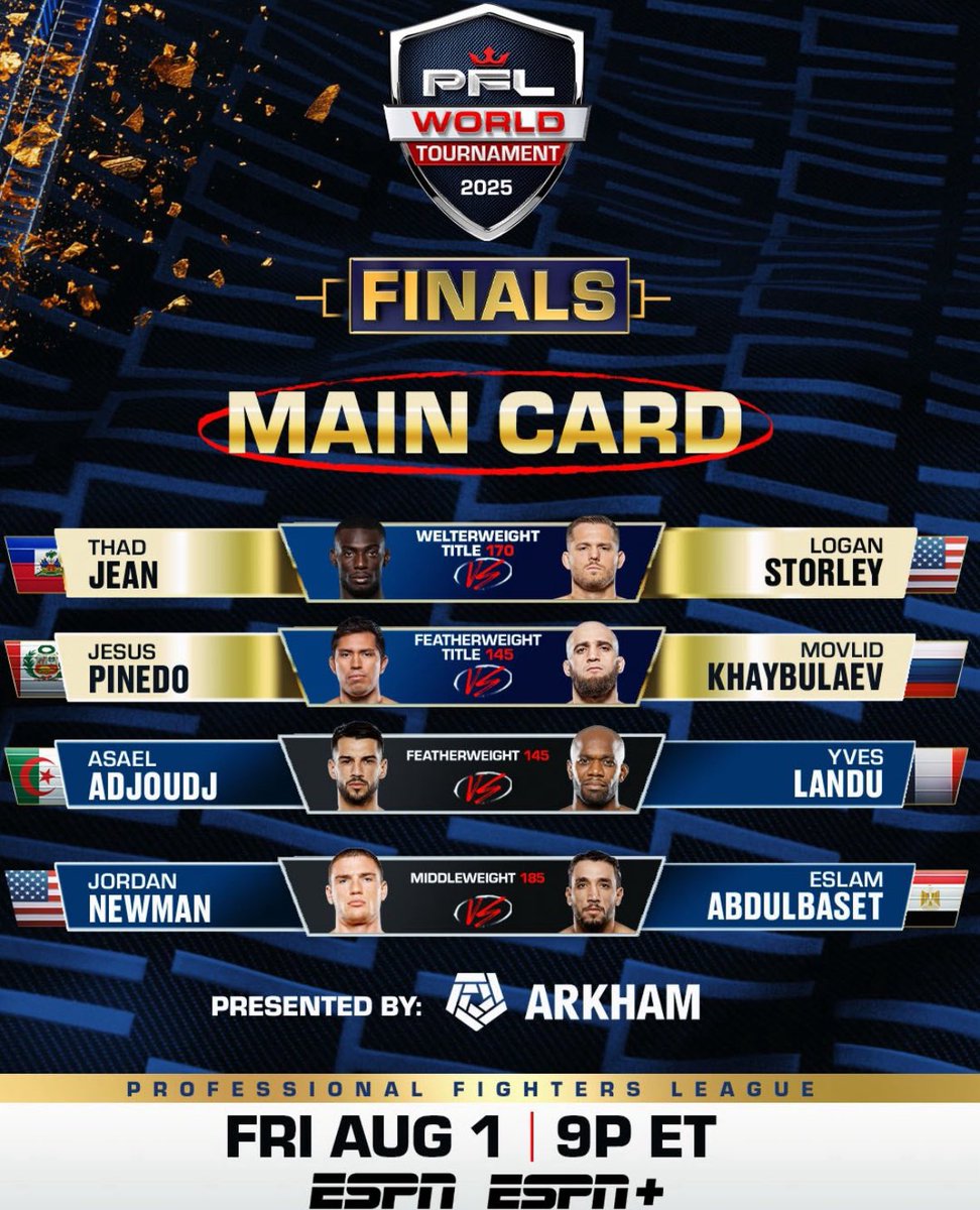 Just announced, the PFL World Tournament Finals for the Welterweight and Featherweight divisions will go down on August 1st, headlined by Thad Jean vs. Logan Storley.

#PFLWorldTournament