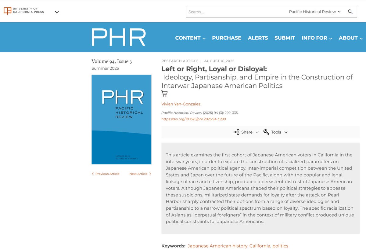 StanfordHistory's tweet image. #AlumniNews Prof. Vivian Yan-Gonzalez (Stanford History PhD 2022, @chapmanu) publishes her &quot;Left or Right, Loyal or Disloyal: Ideology, Partisanship, and Empire in the Construction of Interwar Japanese American Politics&quot; in @PacHistReview @vyangonzalez online.ucpress.edu/phr/article-ab…