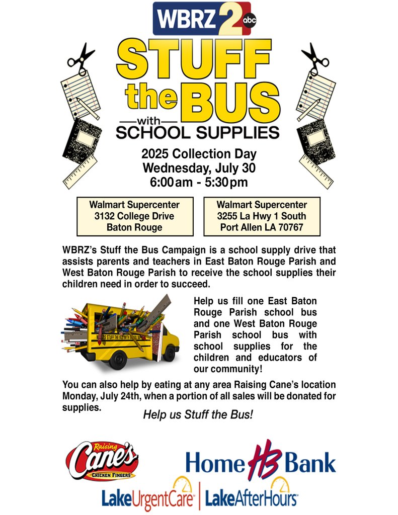 Help us "STUFF THE BUS" by donating school supplies and eating at Raising Cane's!