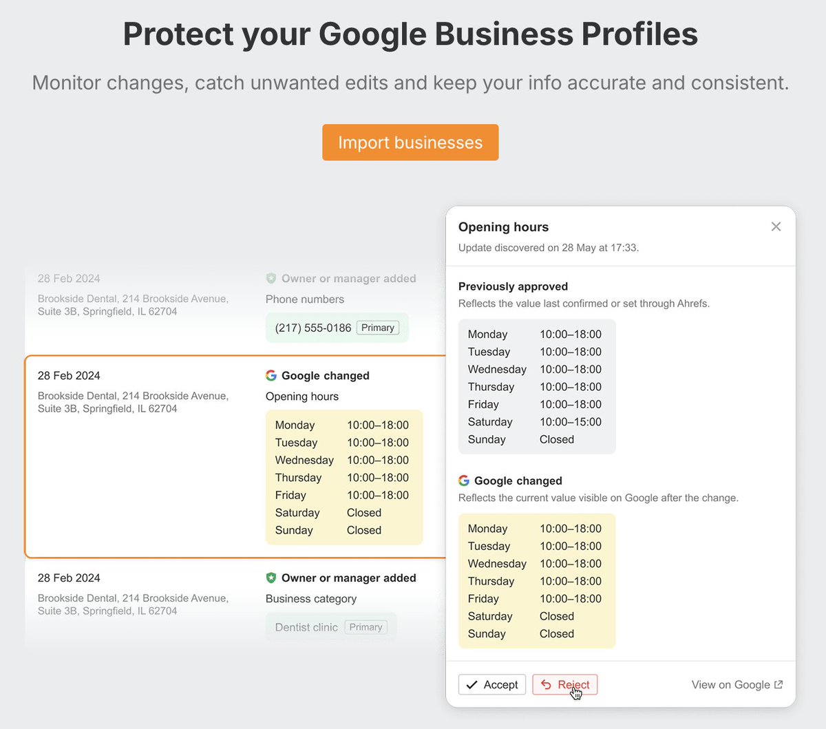 NEW: Google Profile Monitor (beta) 🔥

Stay in control of your business info and protect your local visibility.

Track changes to your Google Business Profiles across Search + Maps — and accept or reject edits in one click.

📍 Find it under All tools &gt; Local SEO.