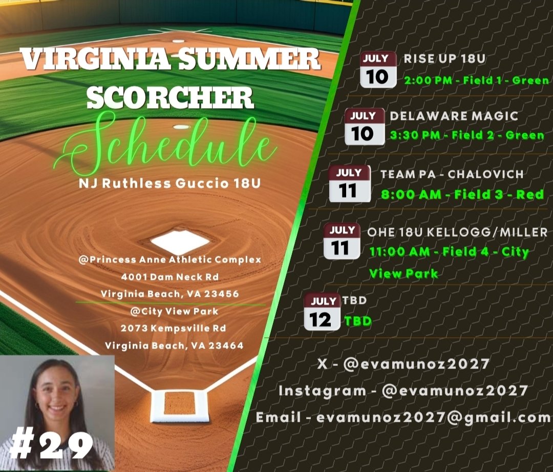 Excited to play in Virginia this weekend! Come check us out!
<a href="/ExtraInningSB/">EXTRA INNING SOFTBALL</a> <a href="/Get2CollegAth/">Get 2 College Athletics</a> <a href="/SoftballDown/">Down South Softball</a> <a href="/CoastRecruits/">Coast 2 Coast Recruits</a> <a href="/CoastRecruitsSB/">Coast Recruits 🥎</a> <a href="/TopPreps/">SPORTS NEWS, VIDEOS, GRAPHICS, EXPOSURE & MORE</a> <a href="/fastpitchwatch/">Fastpitch Watch</a> <a href="/playsbigger/">PLAYS BIGGER</a> <a href="/SportPrepX/">SportPrepX</a> <a href="/gatorjack72/">Girls In The Game</a> <a href="/AppStorms48176/">Time To Grind</a> <a href="/UncommittedStud/">Uncommitted Studs</a> <a href="/IMPACT_TITLEIX/">IMPACT Performance Apparel</a> <a href="/SportsXFilm/">SportsXFilm</a> <a href="/TOP_D1RECRUITS/">Softball Top Preps Retweet</a>