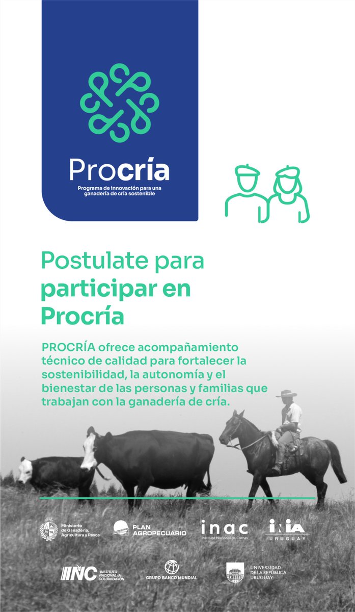 🔍 ¡#ProCría una apuesta a la innovación en la cría vacuna!

📈Programa nacional para mejorar la eficiencia y sostenibilidad en el campo.
🛠 Te acompaña con asistencia técnica y herramientas para transformar tu predio.

👉 Sumate: gub.uy/ministerio-gan…

<a href="/PlanAgro/">Plan Agropecuario</a> <a href="/MGAPUruguay/">MGAP</a>