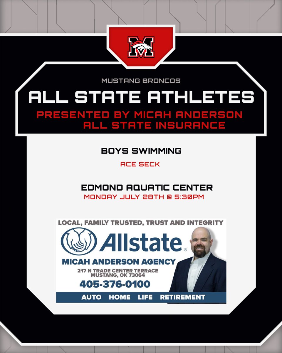 MHS Bronco Sports (@mhsbroncosports) on Twitter photo Congratulations to our 2024-2025 Mustang Bronco All State Swimmer, Ace Seck!
#GoBroncos #Horsepower
<a href="/MustangSchools/">Mustang Public Schools</a> <a href="/MHS_Broncos/">MHSBroncos</a> Congratulations to our 2024-2025 Mustang Bronco All State Swimmer, Ace Seck!
#GoBroncos #Horsepower
<a href="/MustangSchools/">Mustang Public Schools</a> <a href="/MHS_Broncos/">MHSBroncos</a>