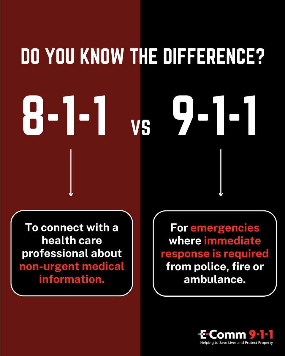 Do you know when to call 8-1-1 vs 9-1-1?

⚕️ 8-1-1 is for connecting with a health care professional about non-urgent medical information.

🚨 9-1-1 is for emergencies where immediate response is required from police, fire or ambulance.

See more tips: bit.ly/4cfVKVX