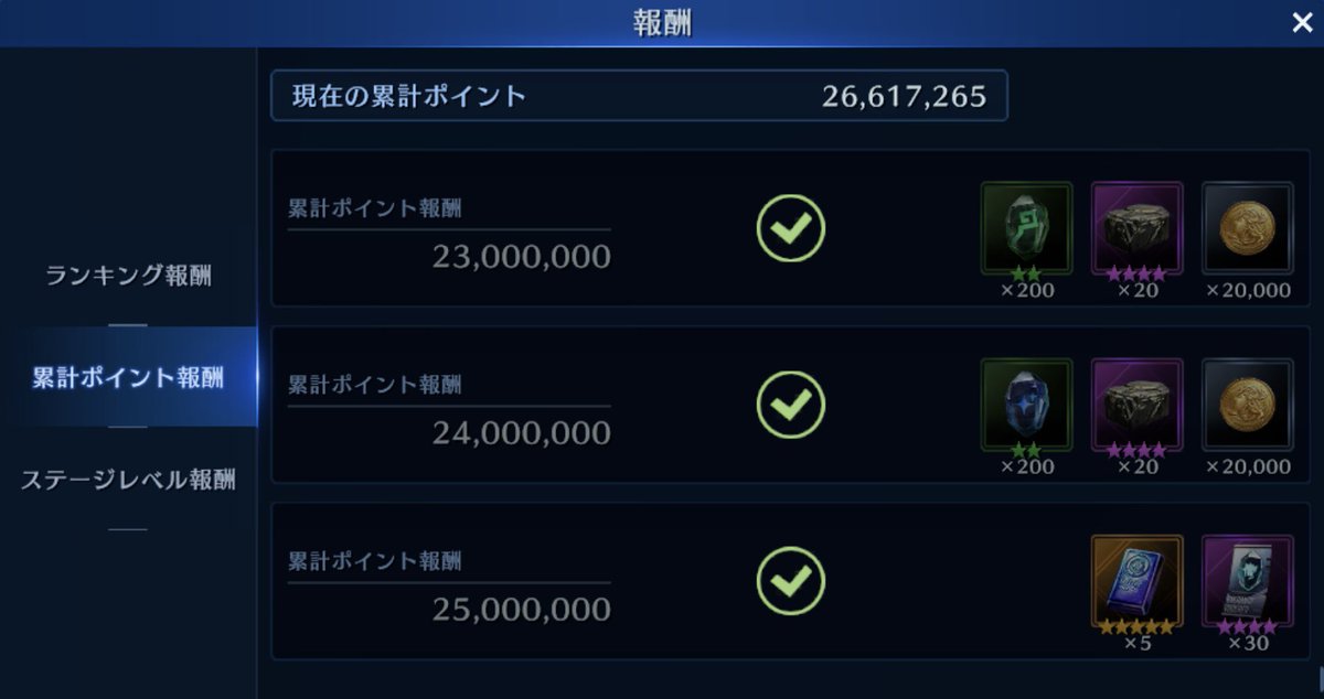 Tur_Reno_ks's tweet image. ⚔️Battle Ranking “絶界の雷禍”⚔️…、
あんまりプレイ出来てねぇけどよぉ…、、

なんとか”25,000,000pt”…、
“突破”したぞ…、、っと♪

これで”累計pt報酬”は全て”☑️獲得☑️”したぞ、、、っと💦

#FF7               
#FF7EC
#FF7ECしてる人と繋がりたい 
#BattleRanking
