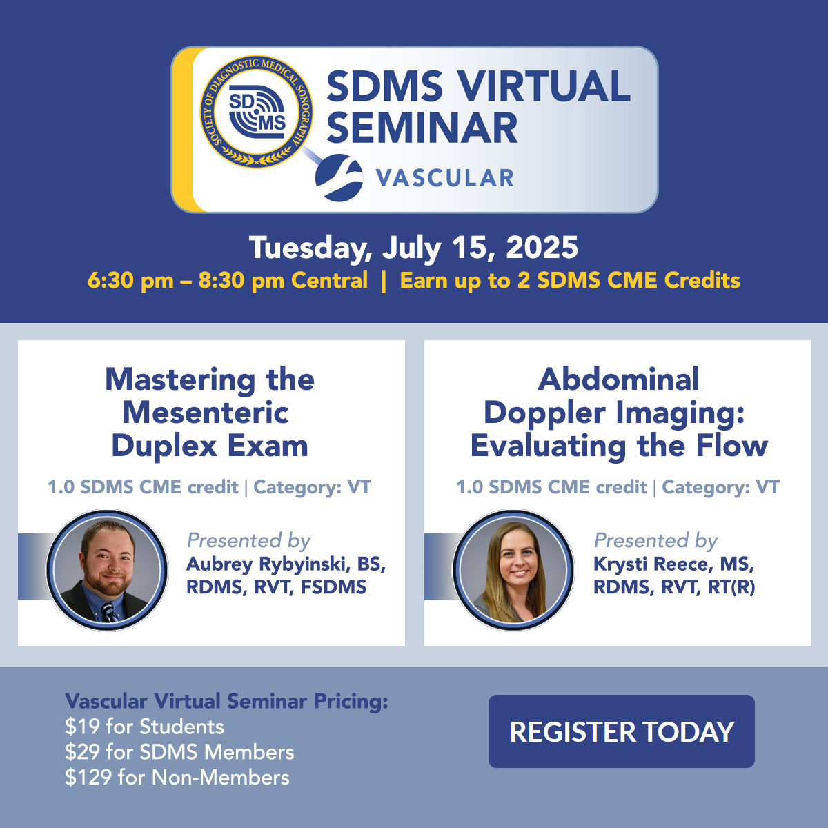Join us for the SDMS July Virtual Seminar! An opportunity not only to learn but also to earn up to 2 SDMS CME credits. Don't miss out, block your calendars for July 15, 6:30 - 8:30 PM. Fast track your registration before it's too late: bit.ly/4kzJELD 🕡🗓️