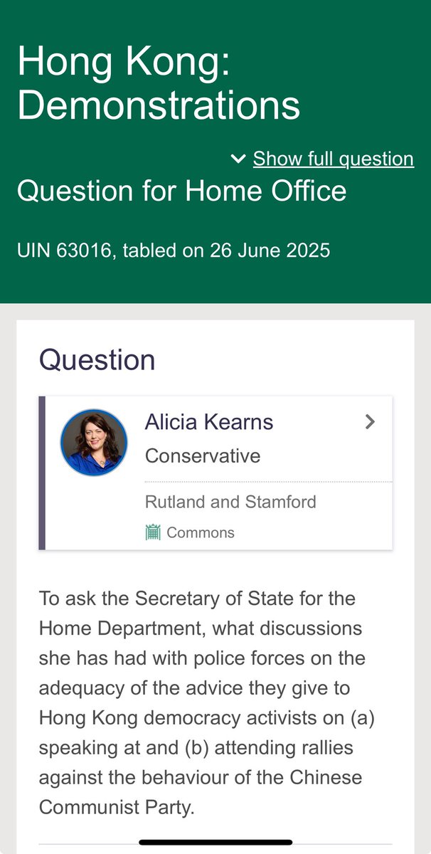 Hong Kong Democracy Council (@hkdc_us) on Twitter photo In Parliament, <a href="/aliciakearns/">Alicia Kearns MP</a> asked whether the UK police are giving adequate advice to Hong Kong activists speaking out against the CCP.
Clear, consistent guidance is essential to protect the rights and safety of those opposing authoritarianism and targeted by TNR. In Parliament, <a href="/aliciakearns/">Alicia Kearns MP</a> asked whether the UK police are giving adequate advice to Hong Kong activists speaking out against the CCP.
Clear, consistent guidance is essential to protect the rights and safety of those opposing authoritarianism and targeted by TNR.