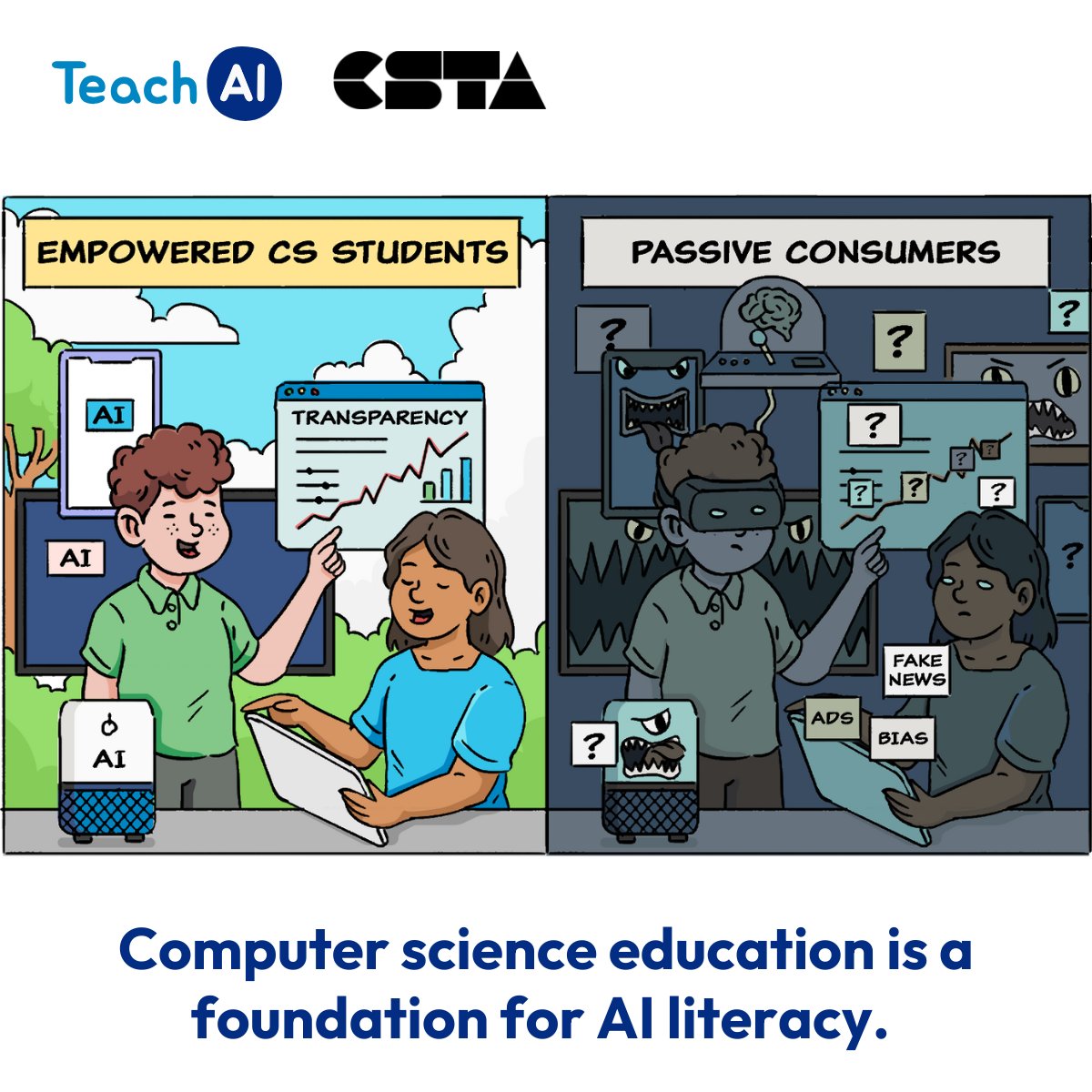 csteachersorg's tweet image. To understand AI, students need CS. To shape their future with AI, they need it even more. Explore the latest briefs from #TeachAI and CSTA on the future of computer science education in an age of AI at teachai.org/cs