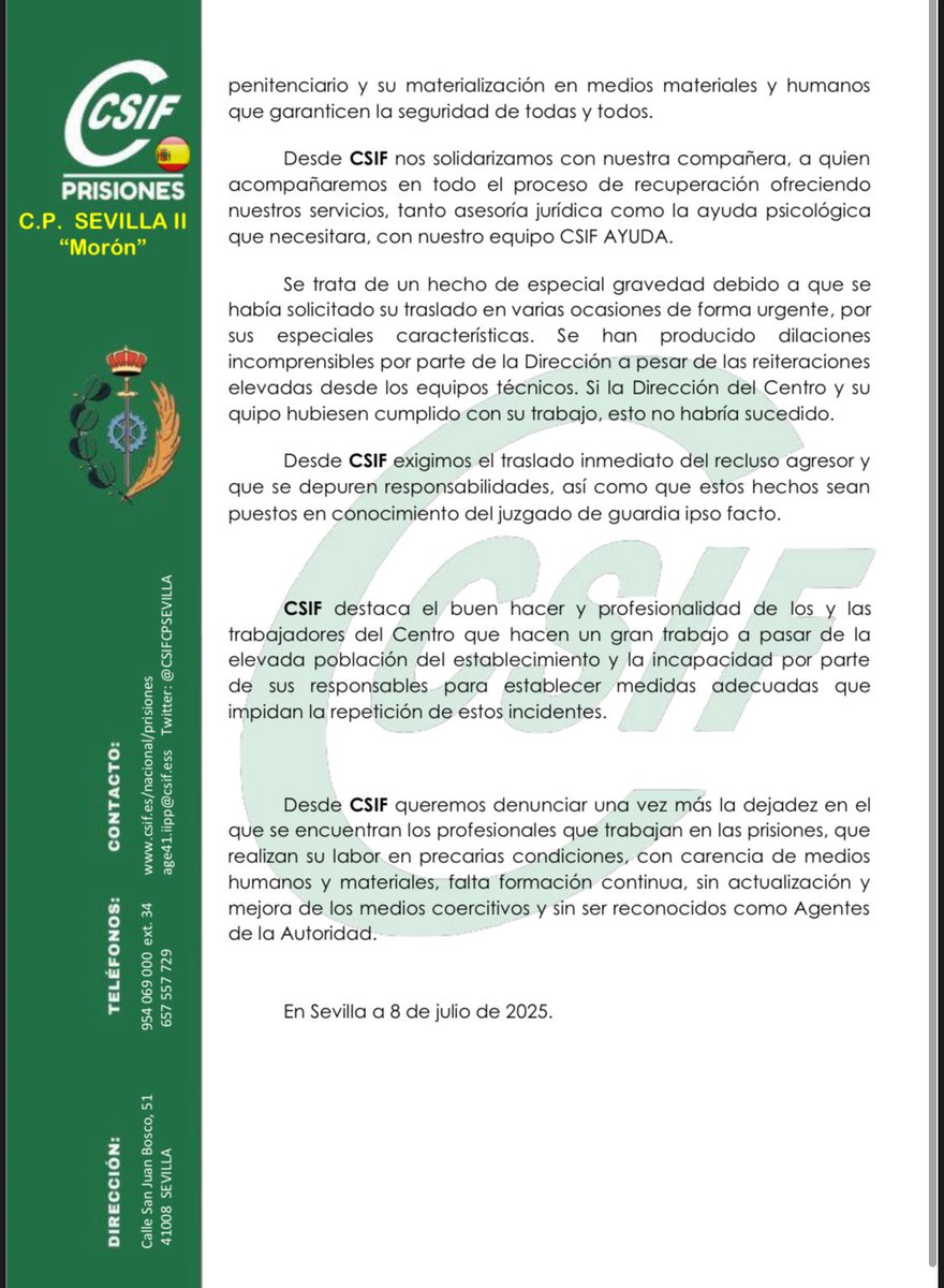 #Prisiones | <a href="/CSIF_SEVILLA_1/">CSIF II.PP. SEVILLA I, II Y CIS</a> denuncia un intento de violación a una psicóloga en el Centro Penitenciario Sevilla-II #Morón 

<a href="/CSIFPRISIONES/">CSIF PRISIONES</a> 
#SevillaHoy #Sevilla