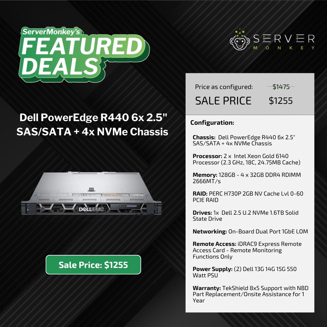 ServerMonkey (@myservermonkey) on Twitter photo Hybrid power! 15% off Dell PowerEdge #R440: Now $1,255! Dual Xeon Gold 6140 CPUs (36 cores), 128GB RAM, 1.6TB NVMe SSD, hybrid chassis design, TekShield Support.
🌐: hubs.ly/Q03wgSVj0
👨💻: 1-855-432-8918 | sales@servermonkey.com
#ServerMonkeyFeaturedDeal Hybrid power! 15% off Dell PowerEdge #R440: Now $1,255! Dual Xeon Gold 6140 CPUs (36 cores), 128GB RAM, 1.6TB NVMe SSD, hybrid chassis design, TekShield Support.
🌐: hubs.ly/Q03wgSVj0
👨💻: 1-855-432-8918 | sales@servermonkey.com
#ServerMonkeyFeaturedDeal