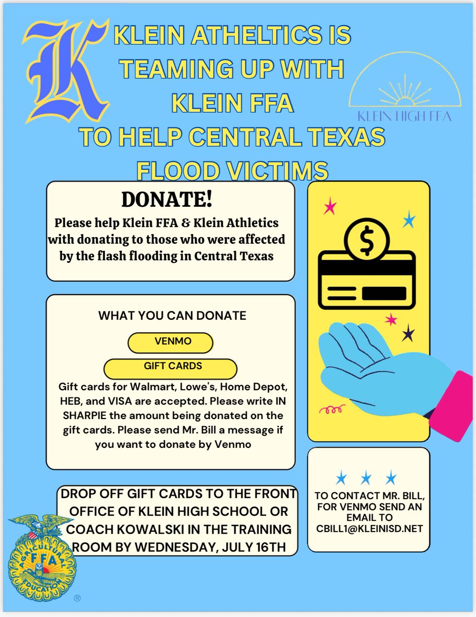 <a href="/KleinFootball25/">Klein Football #TheMothersh1p</a> &amp; <a href="/KleinAthletics/">Klein High Athletics</a> is teaming up with <a href="/Klein_FFA/">Klein FFA</a> to support the Central Texas Flood Victims, if you are able  please join us in donating to help those affected. Please continue to keep these communities in your thoughts &amp; prayers during this time. #TheMotherSh1p