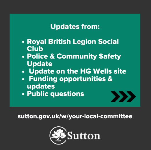 SuttonCouncil's tweet image. North Cheam, Stonecot & Worcester Park Local Committee Meeting
Find out about local opportunities, activities and services in your ward.
Find out more: sutton.gov.uk/w/your-local-c…