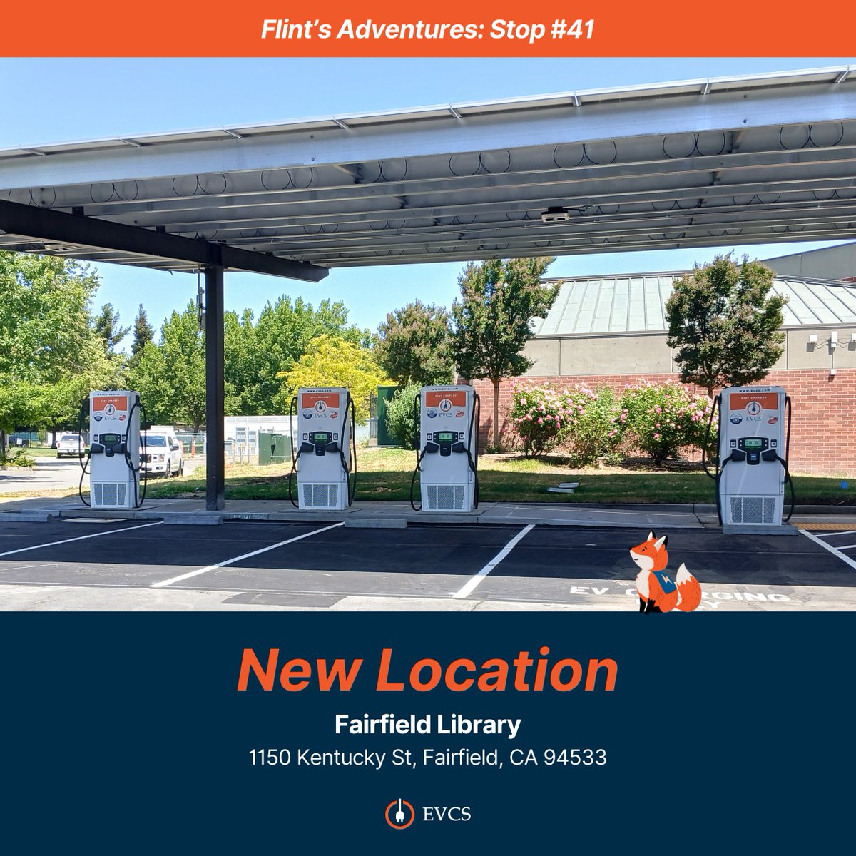 EVCSnetwork's tweet image. More EVCS fast charging availability in Fairfield, CA! 🦊⚡ EVCS has just commissioned 4 new DC Fast chargers at the Fairfield Library. With meeting rooms, study areas, and a beautiful park next door, it’s a great place to plug in and recharge!

#FlintsAdventures
