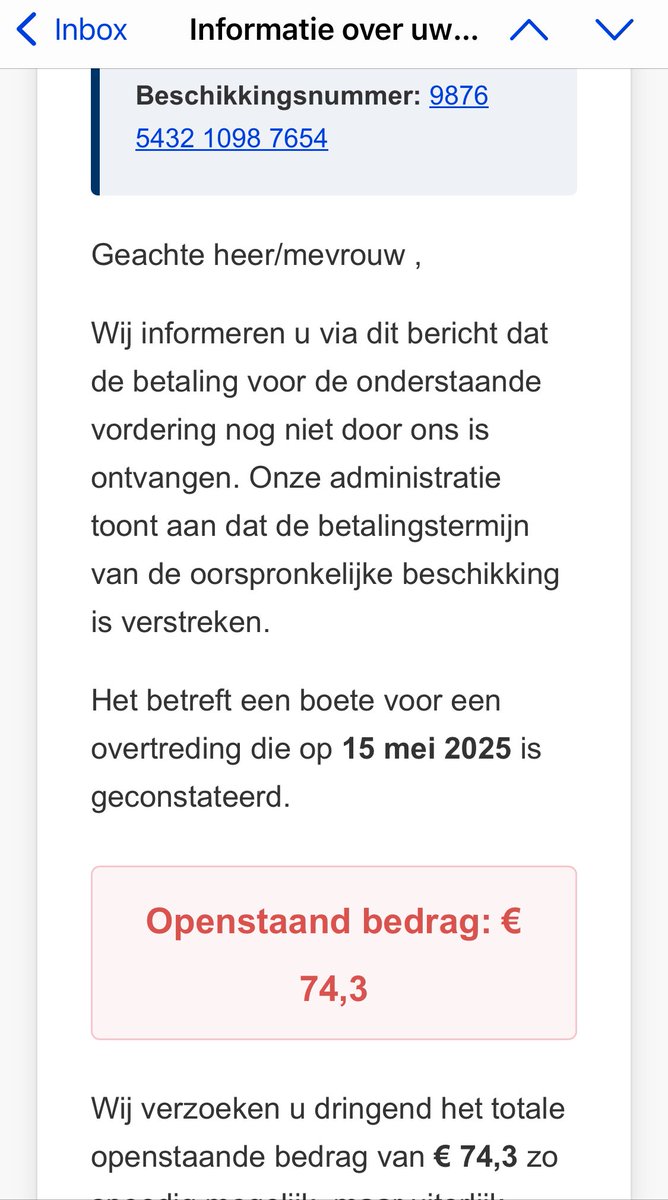 zutphany's tweet image. #Twitterbubble #help

Is dit echt? Ten eerste heb ik geen herinnering aan overtreding, normaliter sturen ze brief van papier. 

Wat ik helemaal ongeloofwaardig vind, is de bedrag van 75,3 — zonder de nul erbij.

Dat komt niet officieel over. Ik vind boven de mailadres ook te gek.
